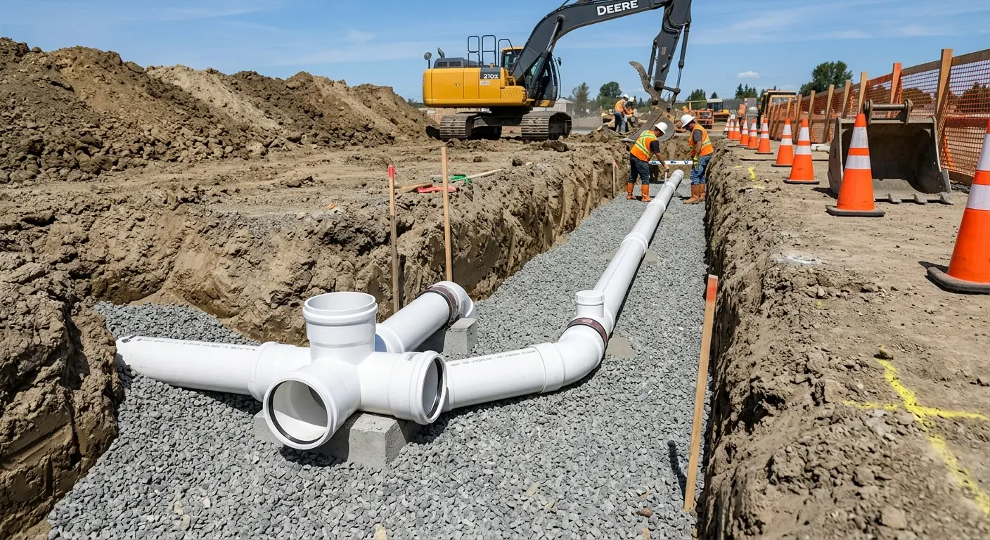 New PVC sewer pipe installation in open trench for Commercial Drain Cleaning in Dover