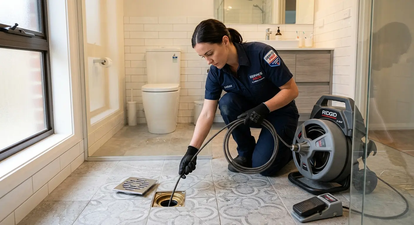 Technician clearing a bathroom floor drain for Clogged Drain Repair in Dover
